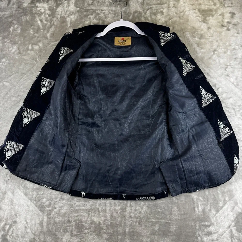 Mimic Velvet Blazer Kids Size‎ 9 Navy Blue Embroidered Mandarin Collar (1640)